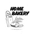 Home bakery logo design with hand drawn bread baguette and loaf, wheat illustration.